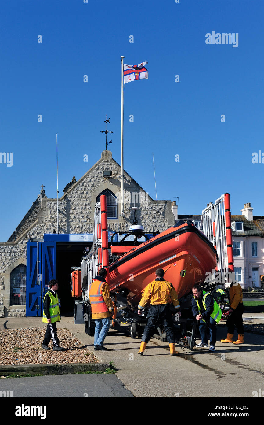 Lifeboat being put back into the station at Walmer, Deal, Kent Stock Photo