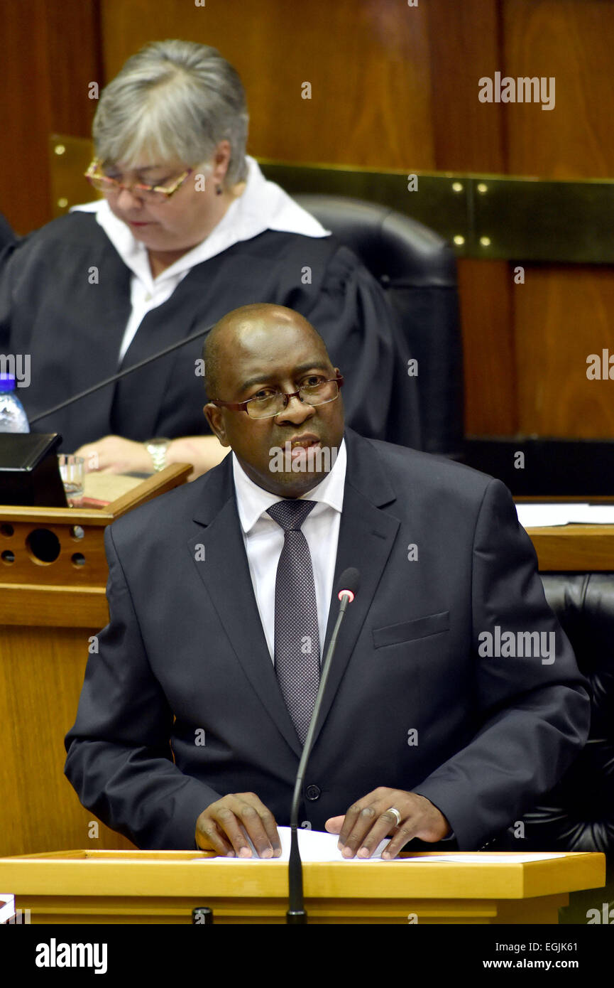 Cape Town, South Africa. 25th Feb, 2015. South African Finance Minister Nhlanhla Nene delivers his National Budget speech at a joint sitting of the National Assembly and the National Council of Provinces, in Cape Town, South Africa, on Feb. 25, 2015. The South African government will increase spending in fighting crime which has reached 'unacceptably high levels,' Finance Minister Nhlanhla Nene said on Wednesday. Credit:  DOC/Elmond Jiyane/Xinhua/Alamy Live News Stock Photo