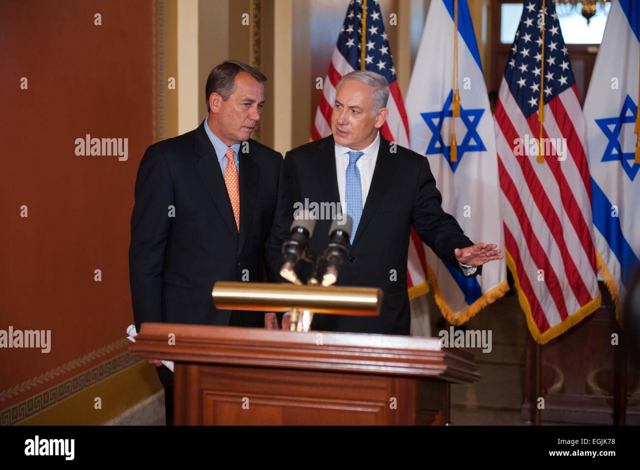 US Speaker of the House John Boehner and Israeli Prime Minister Binyamin Netanyahu arrive at press conference after addressing a joint session of Congress on Capitol Hill May 24, 2011 in Washington, DC. Stock Photo