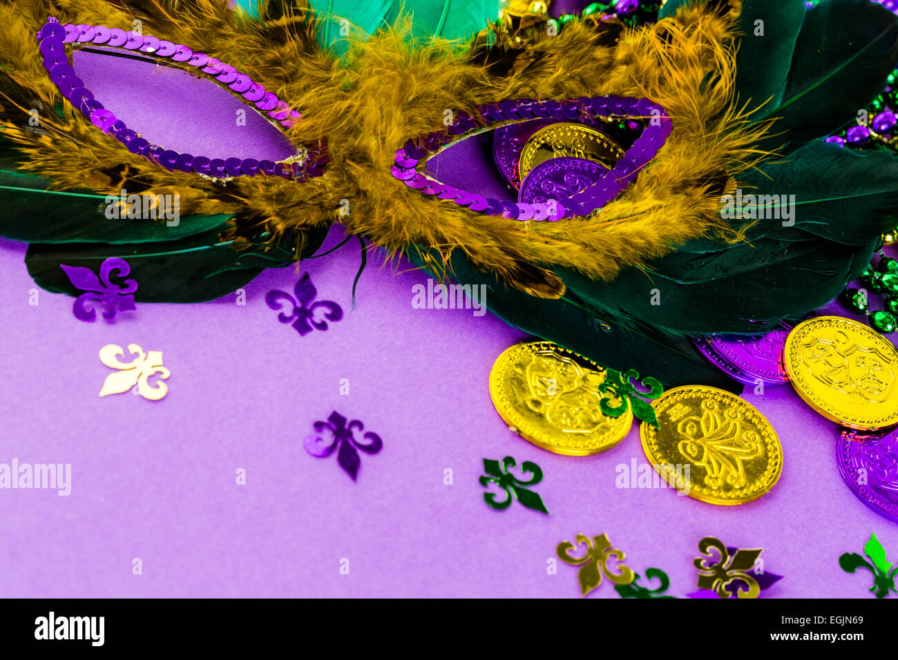 Multicolored Decorations For Mardi Gras Party On The Table Stock