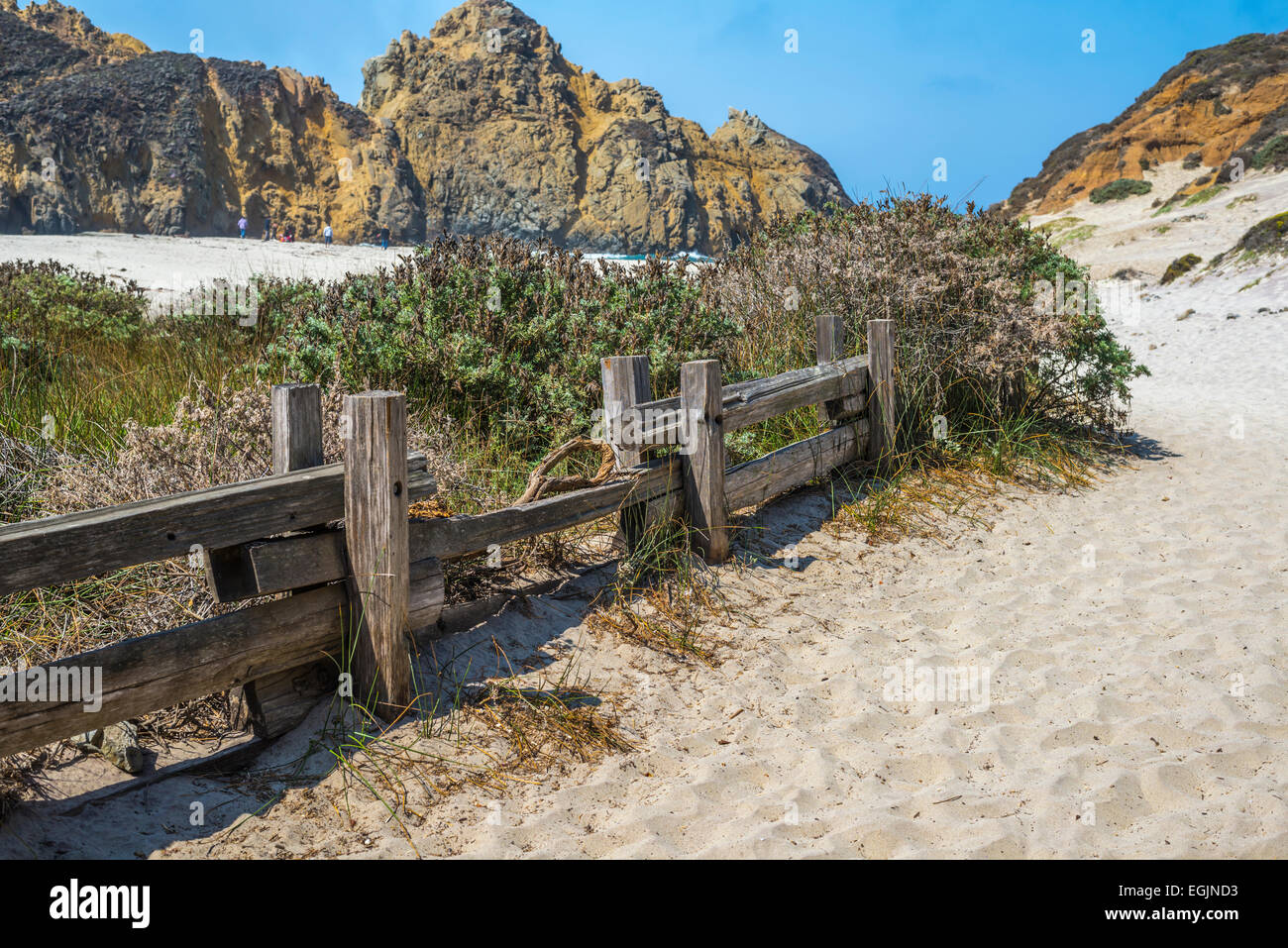 Wooden fence at Pfeiffer Beach. Pfeiffer Big Sur State Park, California, United States. Stock Photo