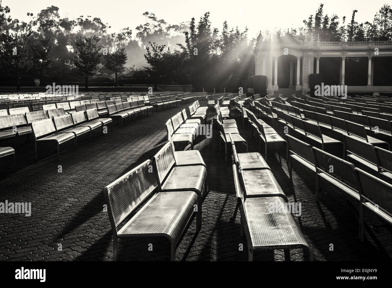 Rows of benches at the Organ Pavilion, Balboa Park, San Diego