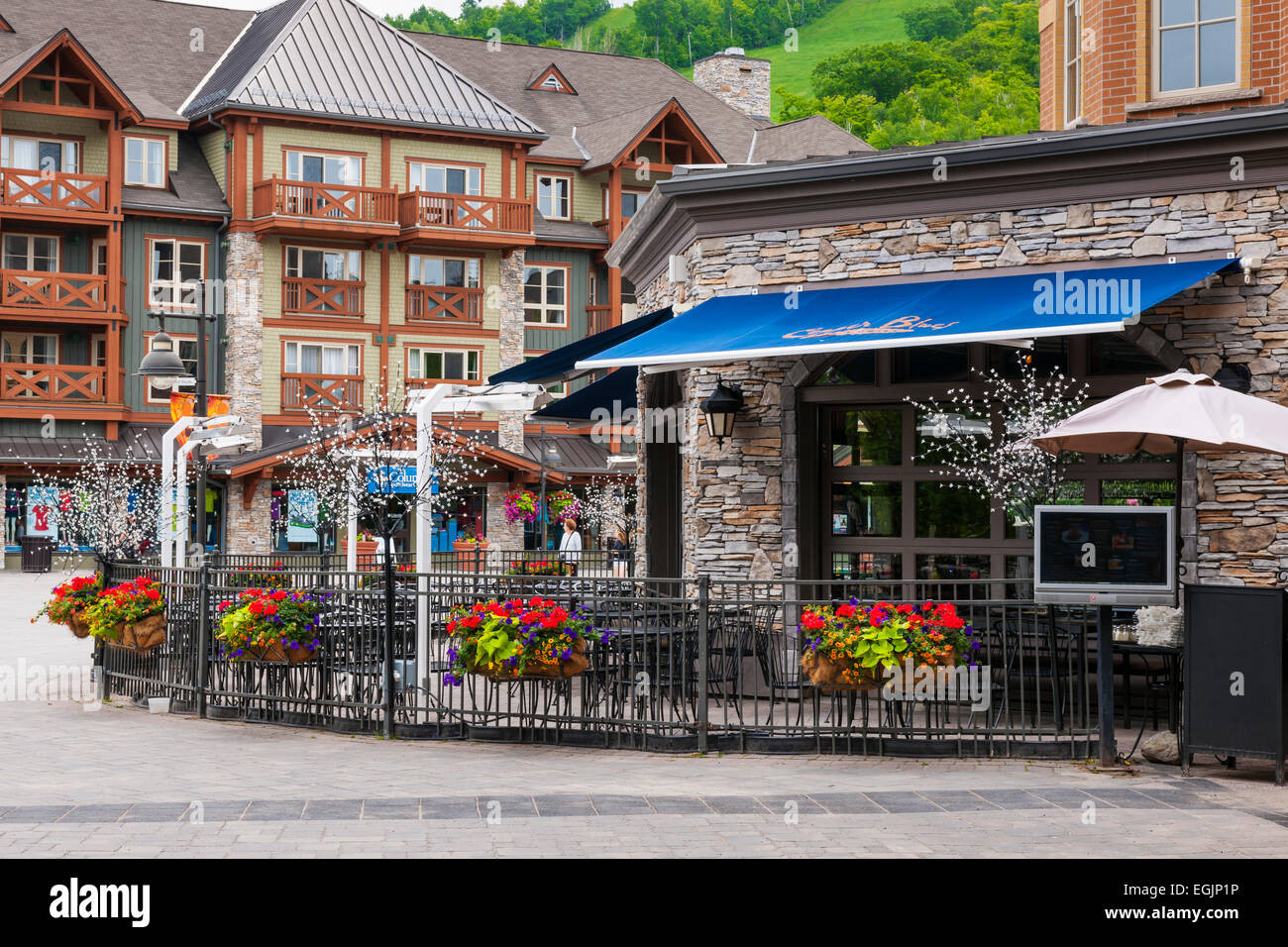 COLLINGWOOD, ON, CANADA - JUNE 18: Summer view of Copper Blues restaurant in Blue Mountain Village, 2014 Stock Photo