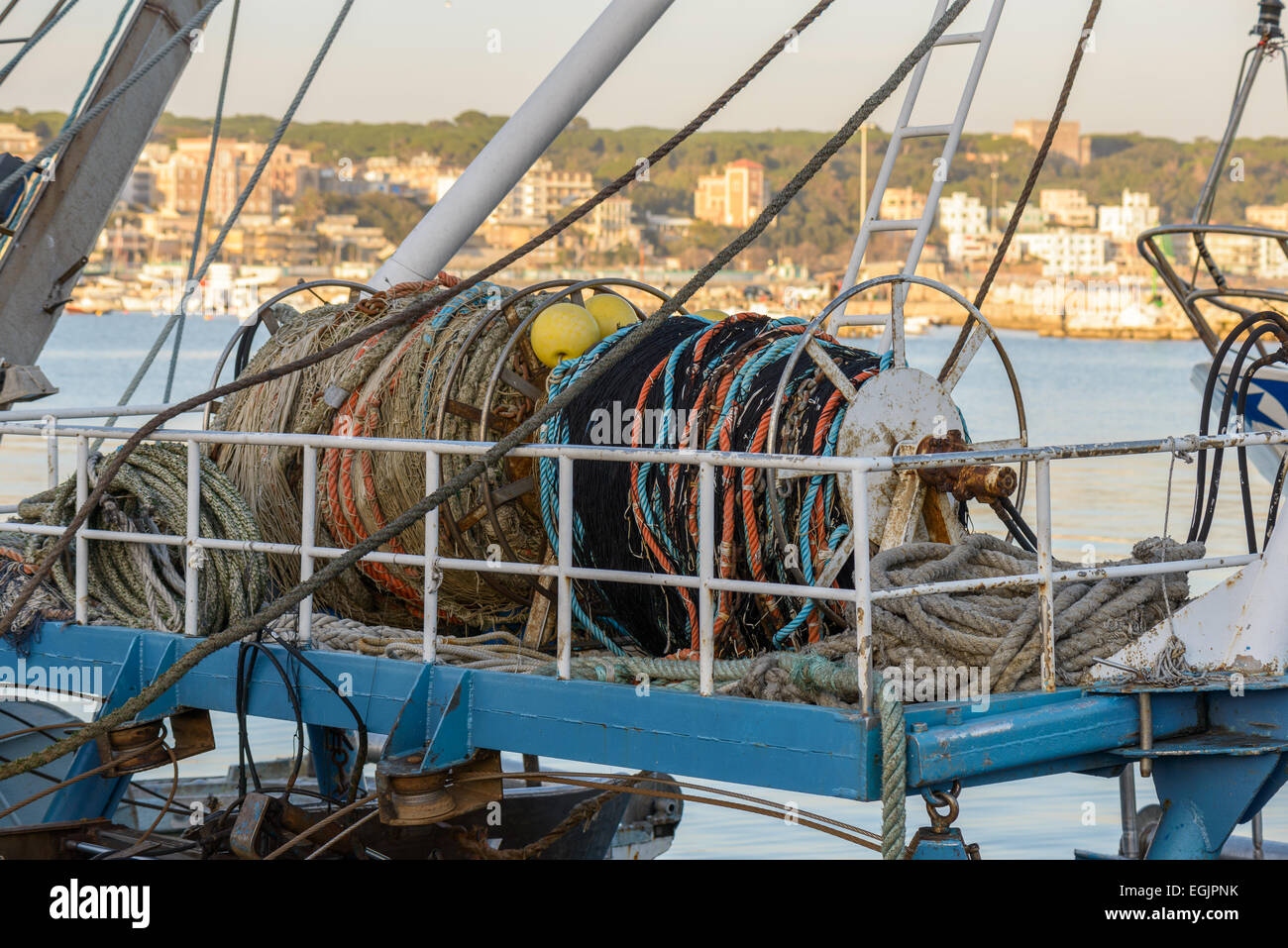 nets and stuff for fish on fishing boat in seaport Stock Photo