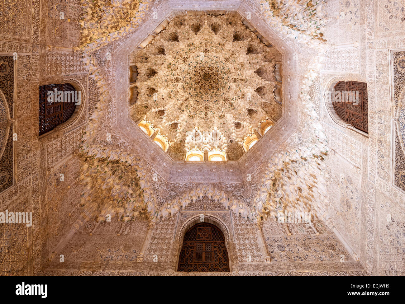 Alhambra Granada Spain. Cupola with decorated vaulted stalactite ceiling in Hall of the two Sisters or  Sala de las dos Hermanas Stock Photo