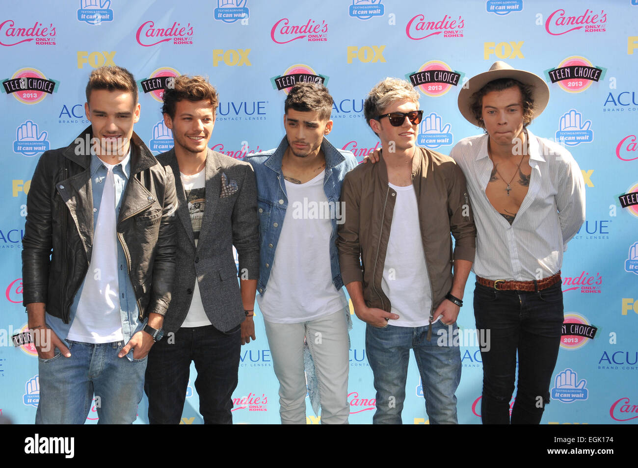 LOS ANGELES, CA - AUGUST 11, 2013: Pop group One Direction - Liam Payne, Louis Tomlinson, Zayn Malik, Niall Horan & Harry Styles - at the 2013 Teen Choice Awards at the Gibson Amphitheatre, Universal City, Hollywood. Stock Photo