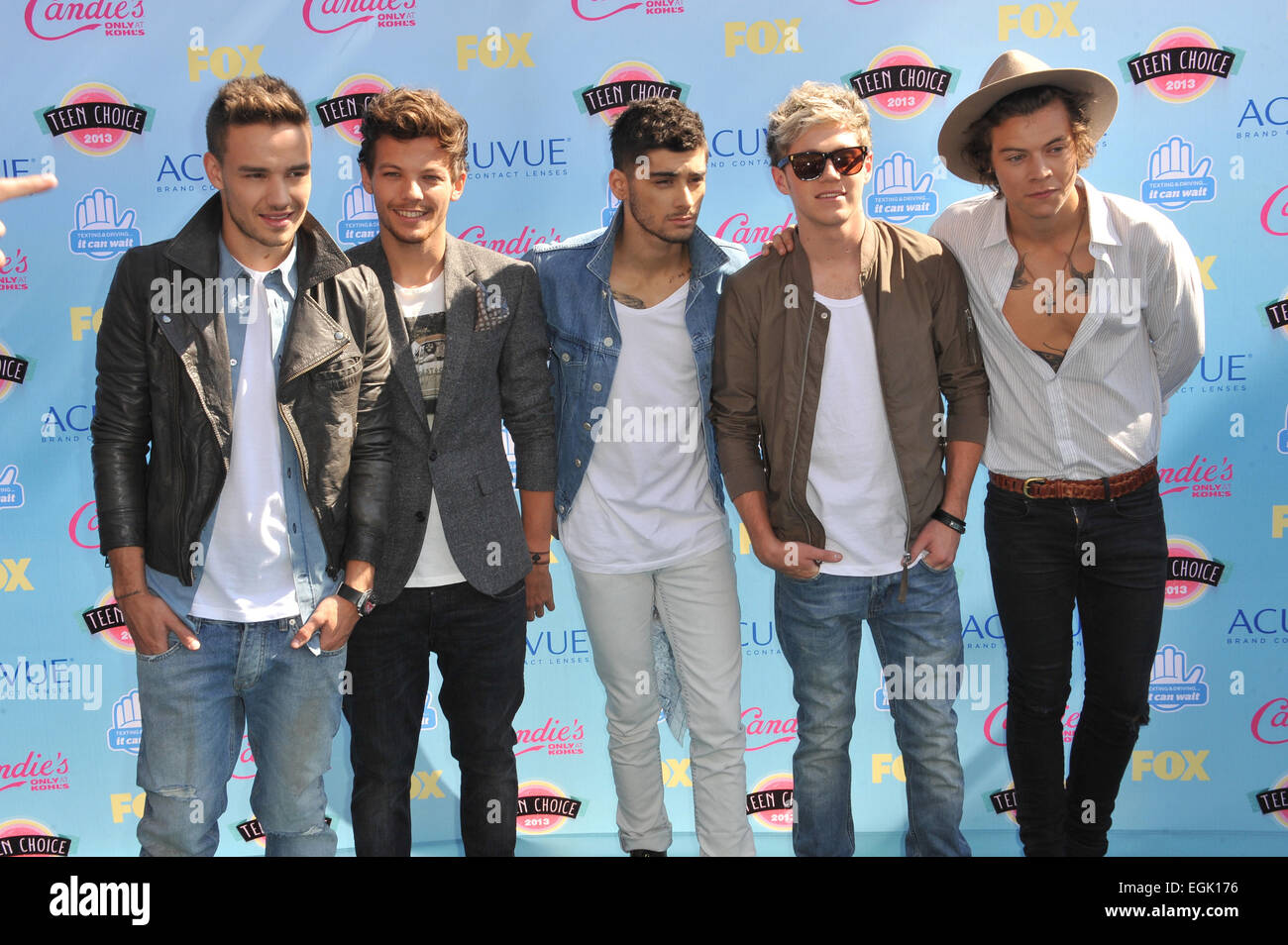 LOS ANGELES, CA - AUGUST 11, 2013: Pop group One Direction - Liam Payne, Louis Tomlinson, Zayn Malik, Niall Horan & Harry Styles - at the 2013 Teen Choice Awards at the Gibson Amphitheatre, Universal City, Hollywood. Stock Photo