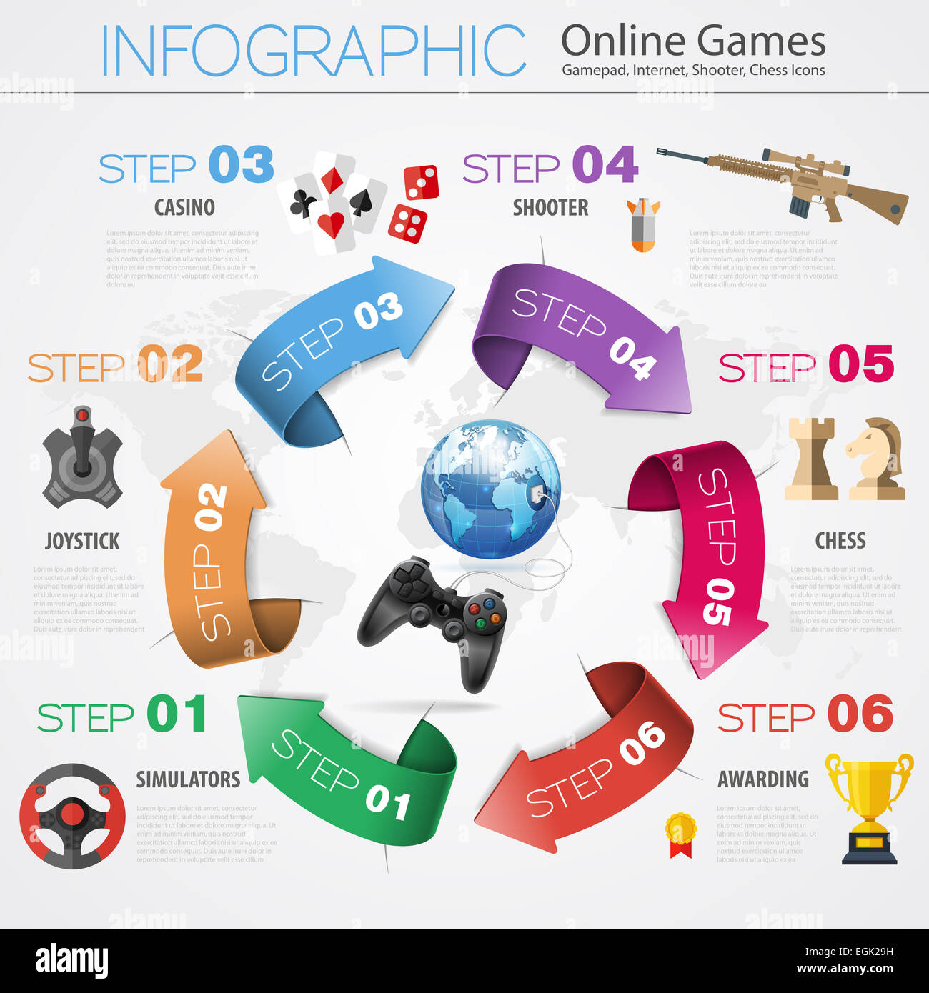 Online Games Infographics Concept in Realistic 3D and Flat Style with Gamepad, Earth, Award and Arrows Icons. Can be used for fl Stock Photo