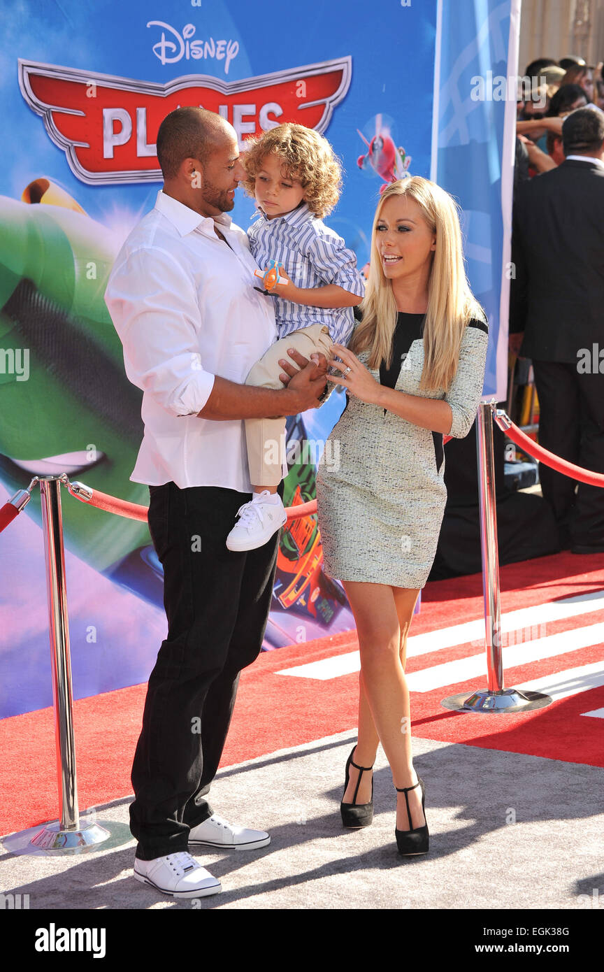 LOS ANGELES, CA - AUGUST 5, 2013: Kendra Wilkinson Baskett & husband Hank Baskett III & son Hank Baskett IV at the world premiere of Disney's Planes at the El Capitan Theatre, Hollywood. Stock Photo