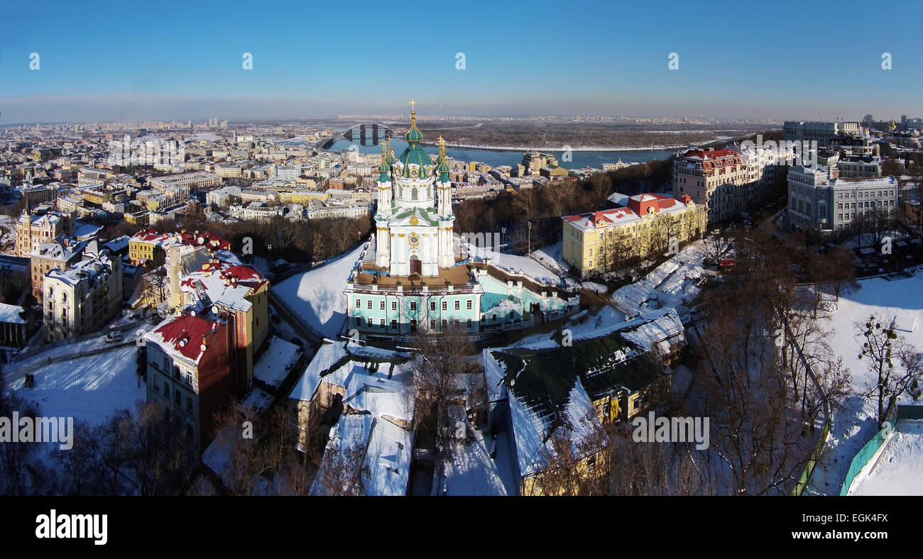 aerial view of Podol and St. Andrew's church in Kiev, Ukraine Stock Photo