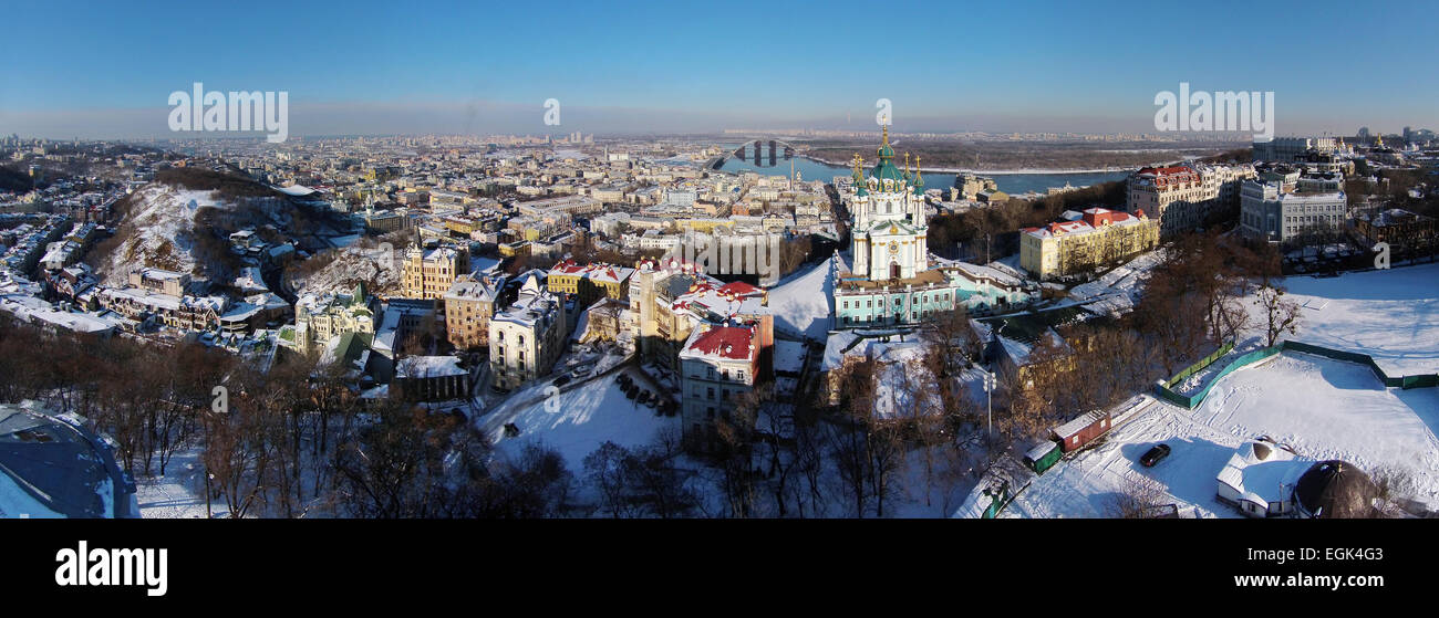 aerial view of Podol and St. Andrew's church in Kiev, Ukraine Stock Photo
