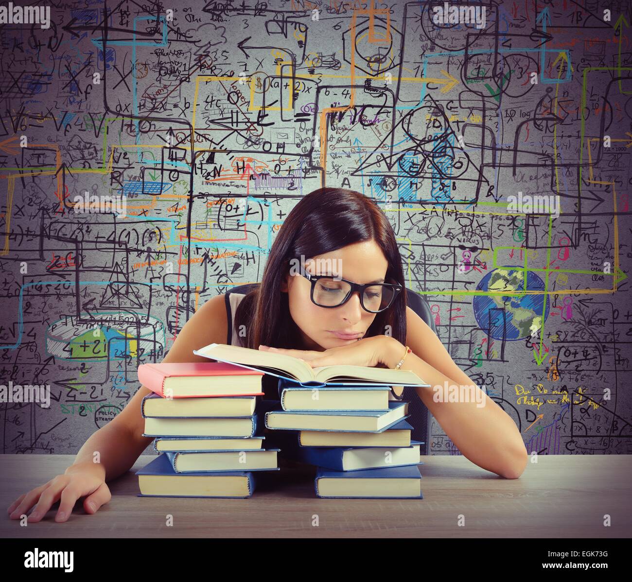 Bored student reads books Stock Photo