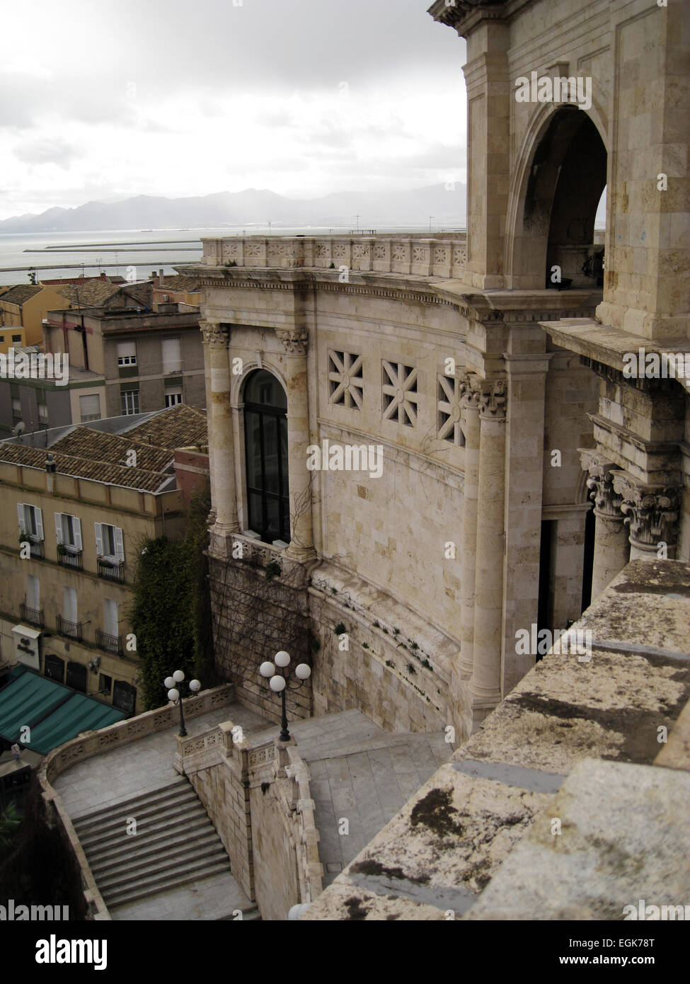 top of the bastion with city, port  and staircase in the background Stock Photo