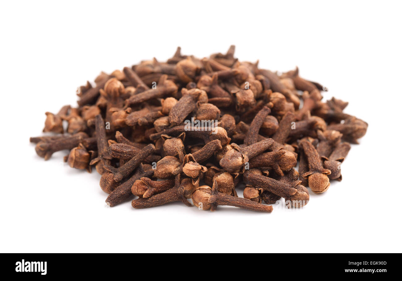 Pile of dried cloves spice isolated on white Stock Photo