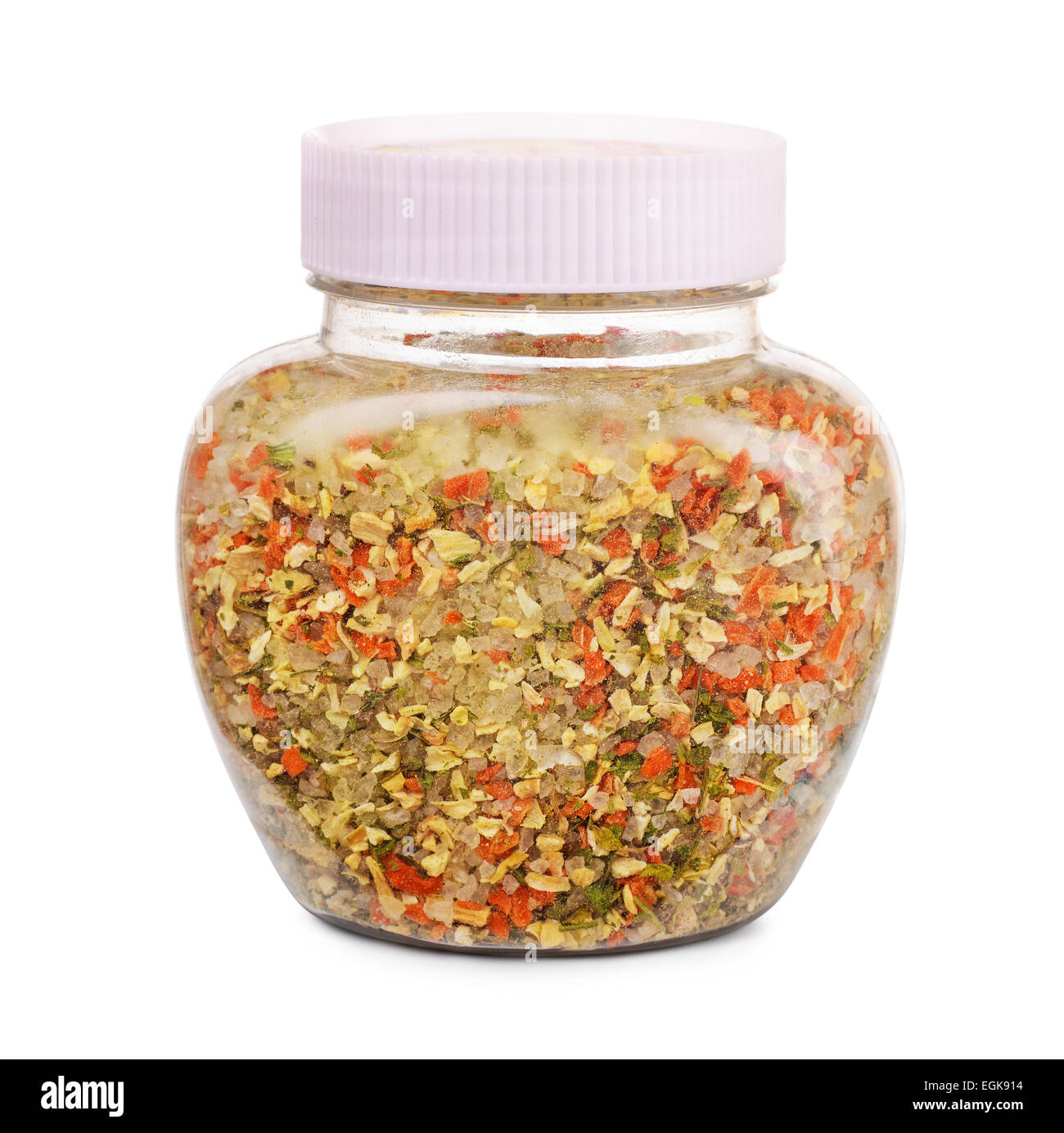Jar of herbs, spicees and salt seasoning blend isolated on white Stock