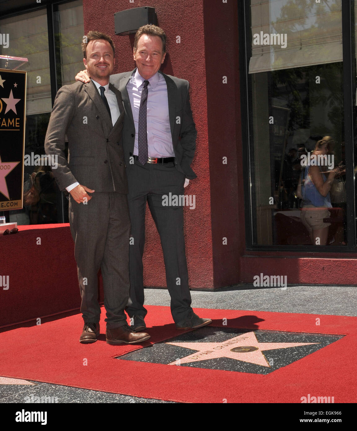 LOS ANGELES, CA - JULY 16, 2013: Bryan Cranston & his Breaking Bad co-star Aaron Paul presented with the 2,502nd star on the Hollywood Walk of Fame. Stock Photo