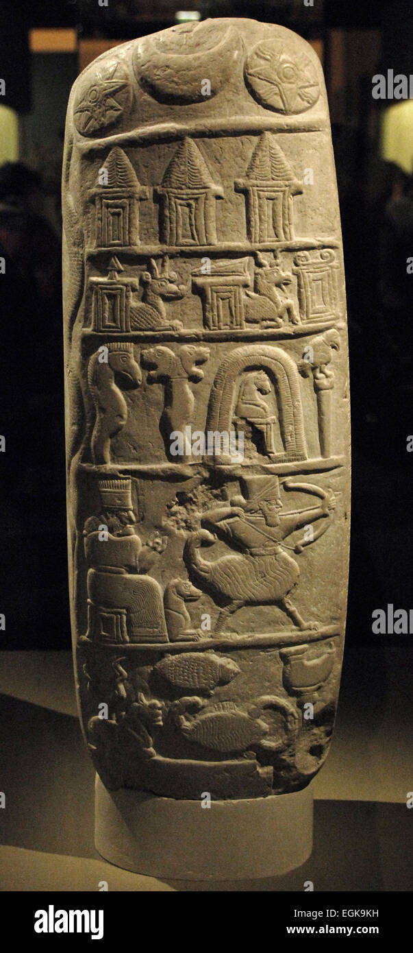 Babylonian. Second Dynasty of Isin in the reign of Nebuchadnezzar II (1126-1105 BC).   Boundary-stone. Kudurru. Limestone stela. Relief with symbols. Sippar, Abu Habba. Iraq. British Museum. Stock Photo
