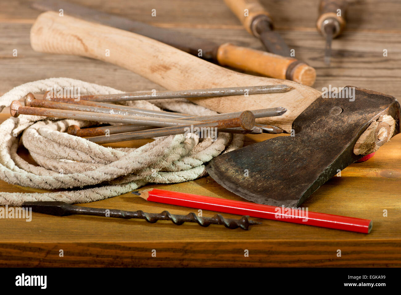 still life and old hatchet and hand tools Stock Photo