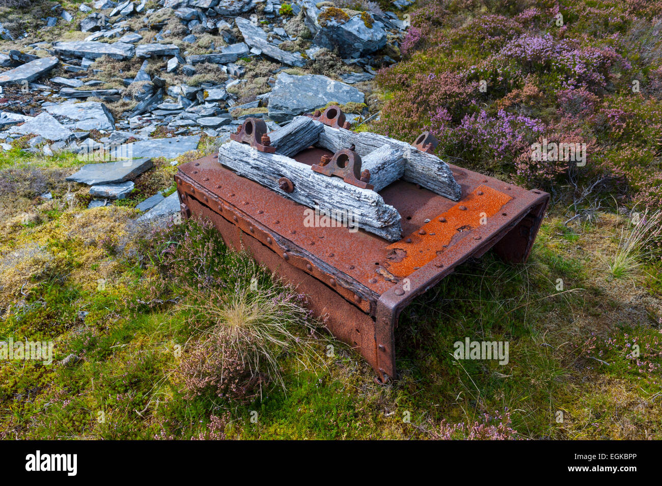 rusting slate quarry truck in Penmachmo quarry north wales. Stock Photo