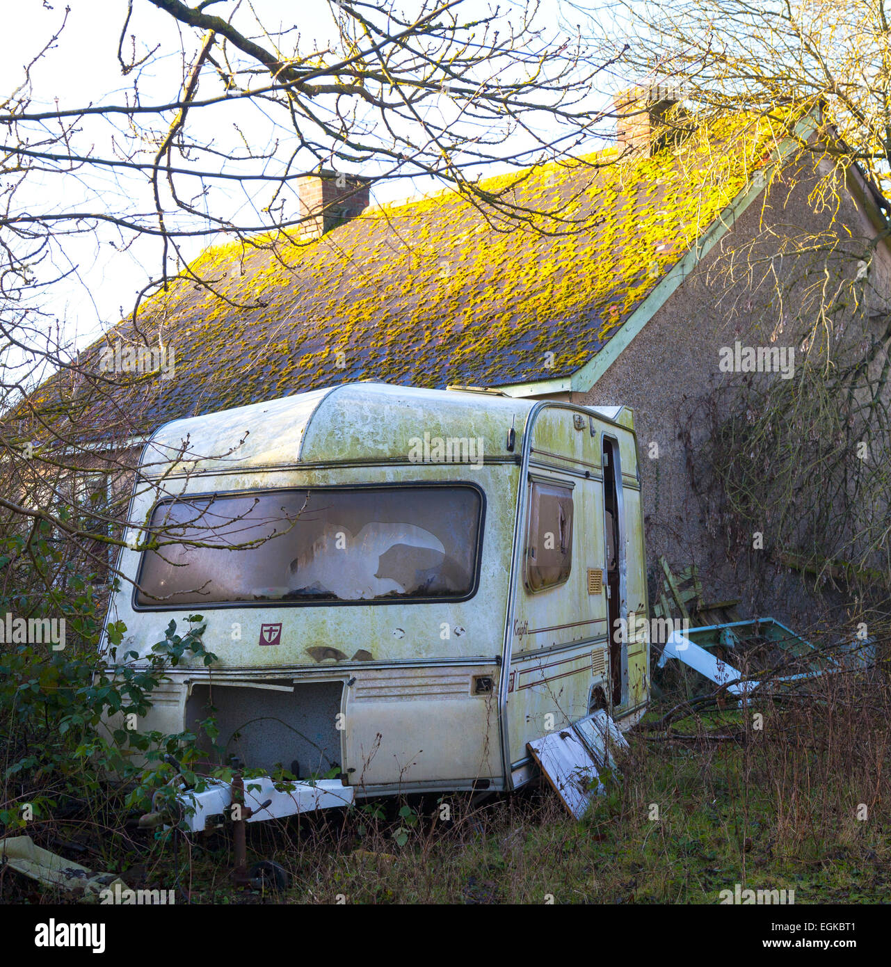 Abandoned home and caravan. Stock Photo