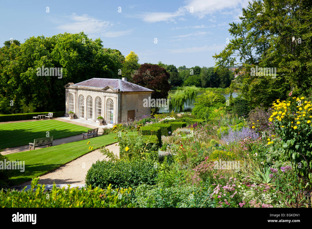 The orangery in the garden at Sherborne Castle, Dorset, England, UK Stock Photo