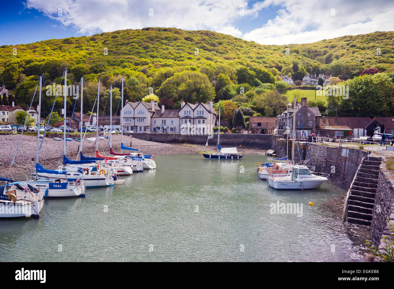Leisure yachts moored at Porlock Weir on the Bristol Channel in Somerset, England, UK Stock Photo