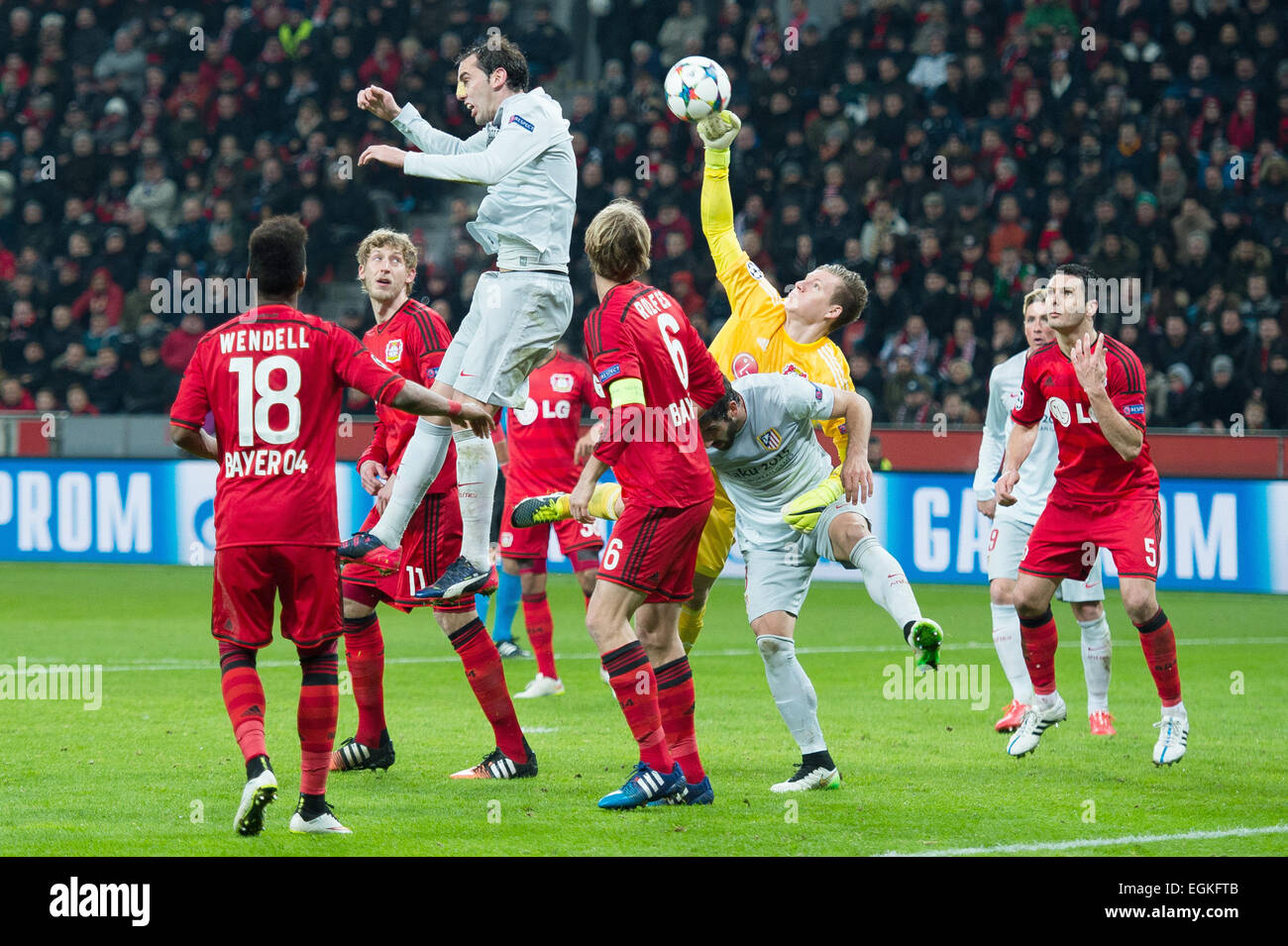 Leverkusen, Germany. 25th Feb, 2015. Leverkusen goalkeeper Bernd Leno competes for the ball with Madrid's Diego Godin during the Champions League round of 16 first leg match between Bayer Leverkusen and Atletico Madrid in Leverkusen, Germany, 25 February 2015. Photo: Maja Hitij/dpa/Alamy Live News Stock Photo