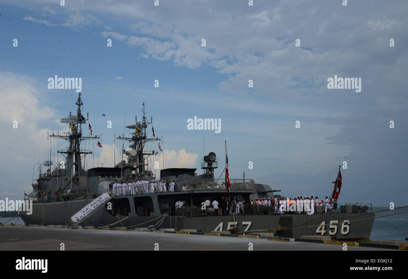 (150226) -- MUARA PORT, Feb. 26, 2015 (Xinhua) -- Royal Thai Navy fleet consisting of three ships arrives for a visit to Brunei from Feb. 26 to Mar. 3 as part of the Royal Thai Navy cadet's training program on naval exercise on international seas in Muara Port, Brunei, Feb. 26, 2015. (Xinhua/Zheng Jie) Stock Photo
