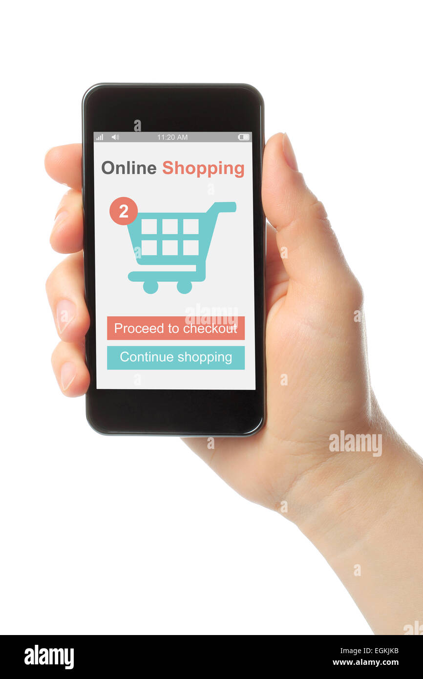 Hand holding smart phone with shopping concept on white background Stock Photo