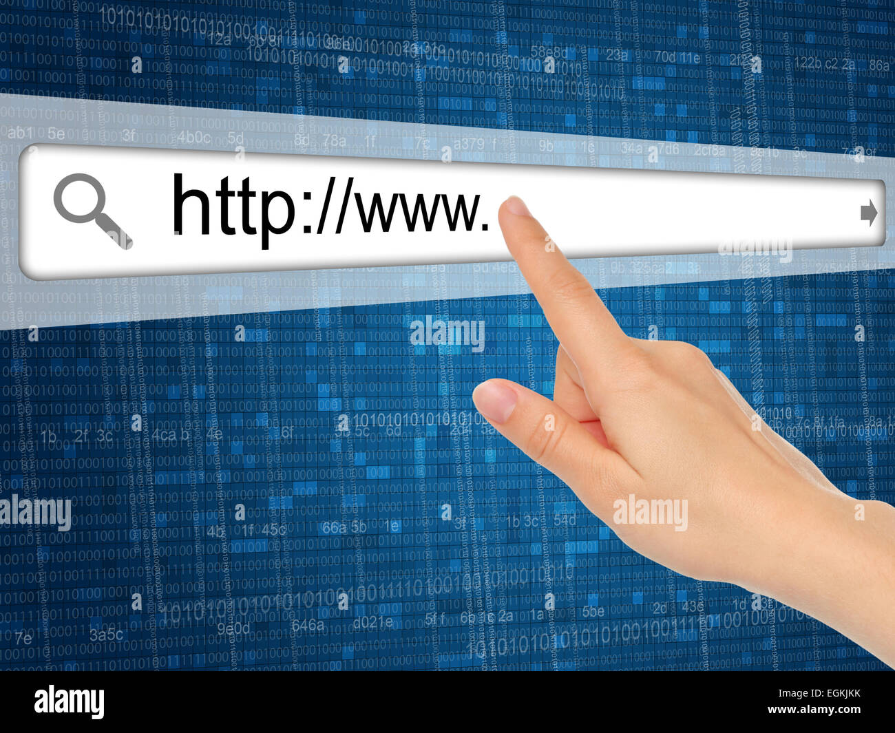 Hand pushing virtual search bar on digital background, internet concept Stock Photo