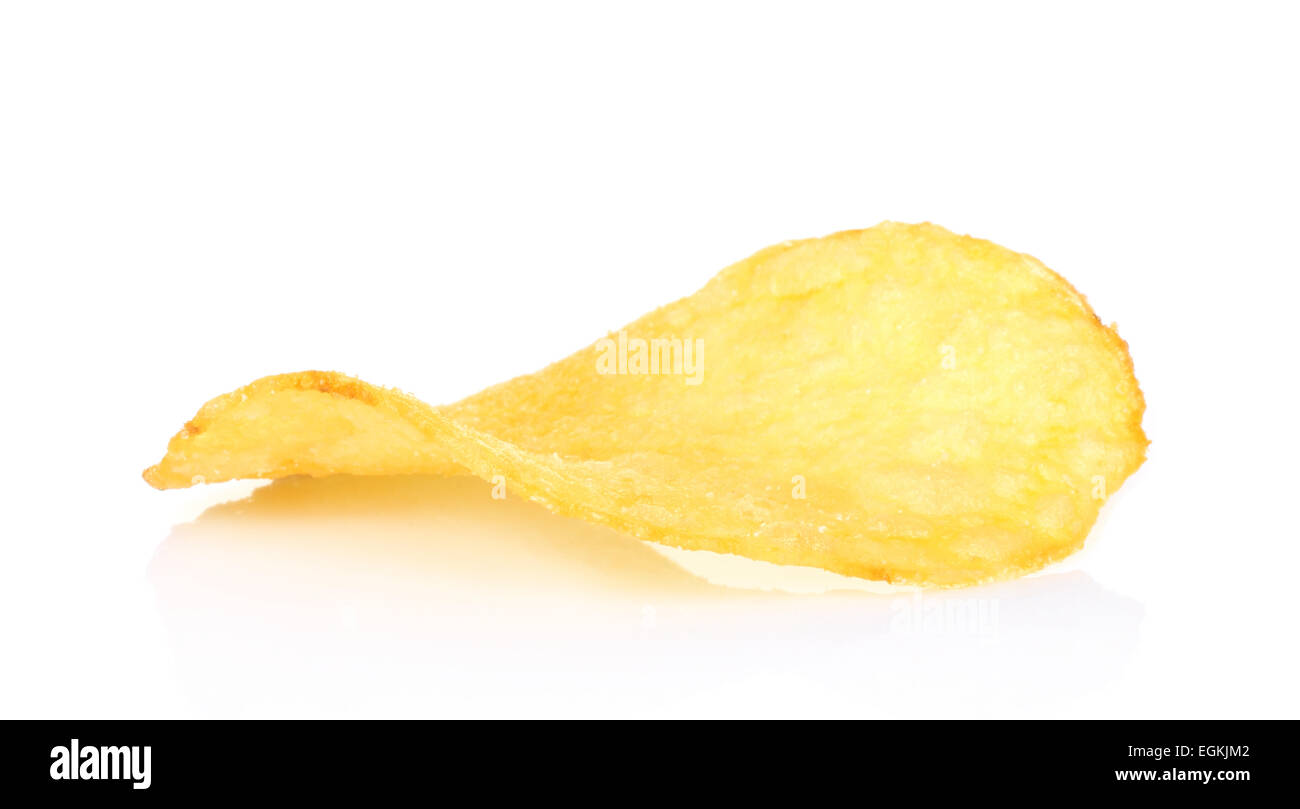 Single potato chip on white background close-up Stock Photo