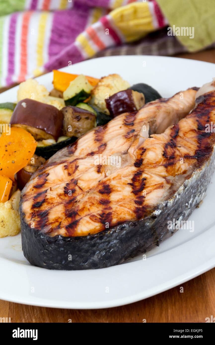 salmon fish steak meal with vegetables Stock Photo Alamy