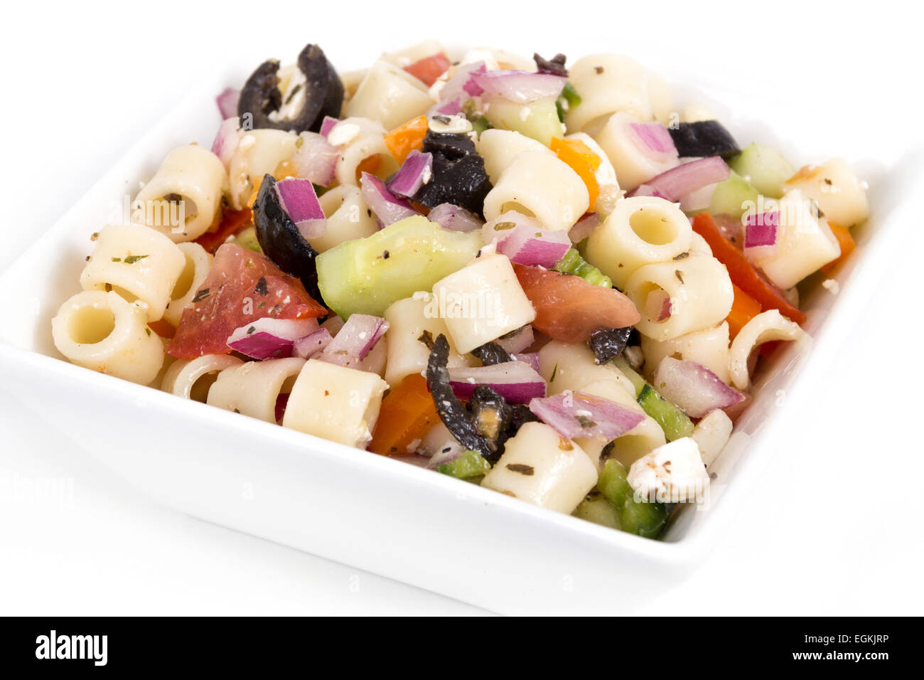 greek ring pasta salad bowl over white background Stock Photo