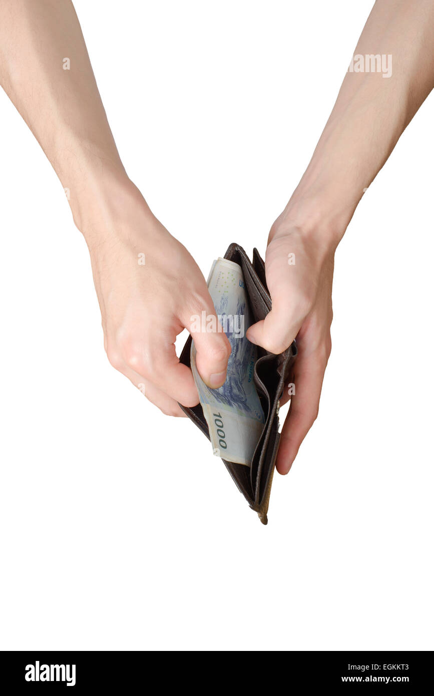 upside view of taking some bills out of a wallet Stock Photo