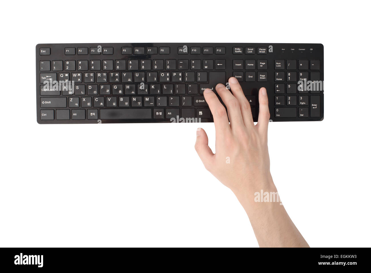 hand of press enter key, isolated on white Stock Photo