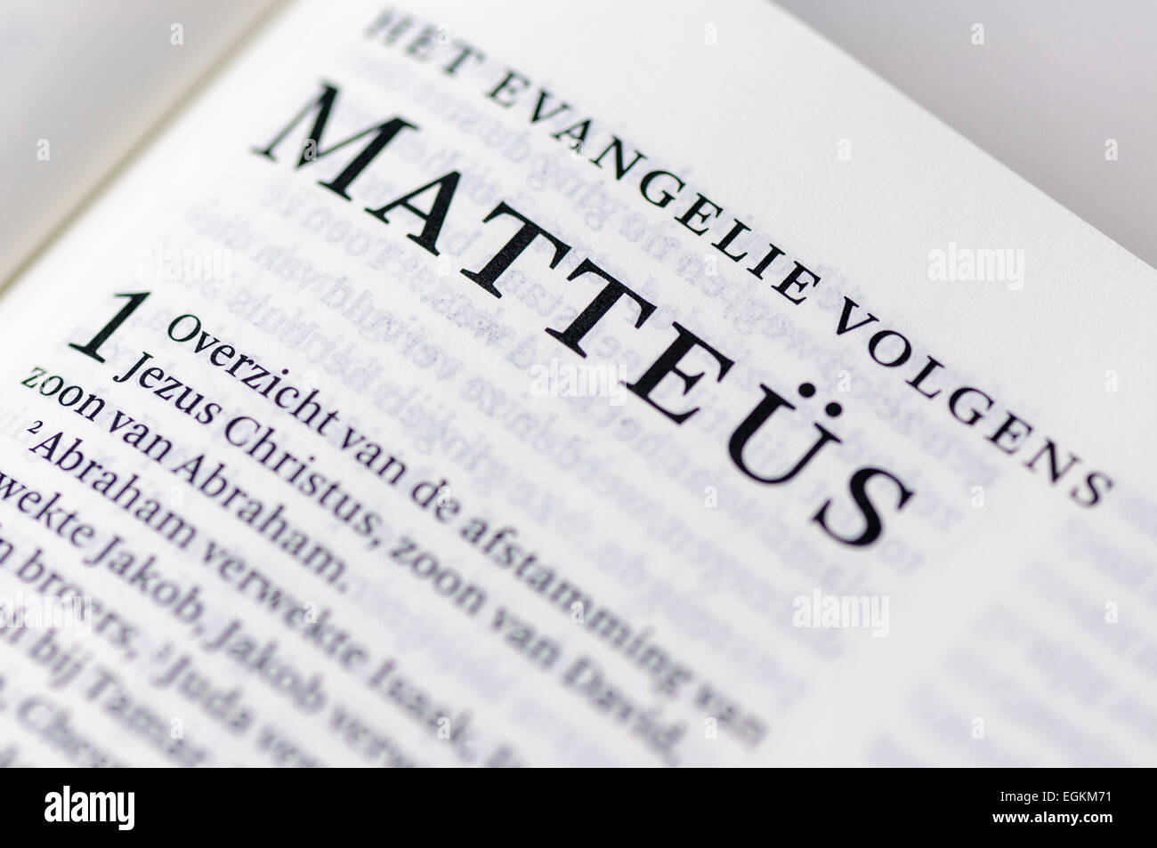 The book of St. Matthew (Matteus), written in Dutch Stock Photo