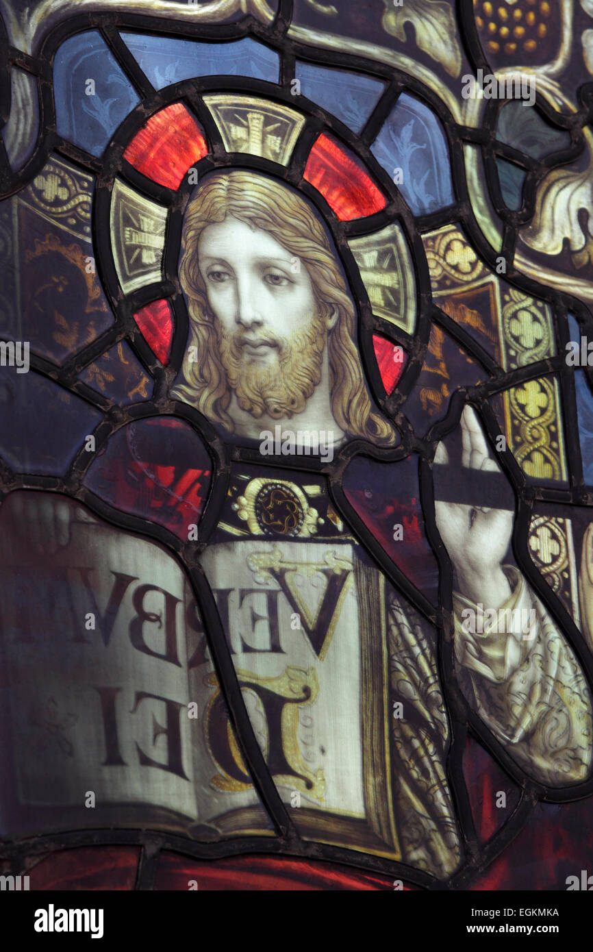 Stained glass window detail, St. Mary's Parish Church, Woodbridge, Suffolk Stock Photo