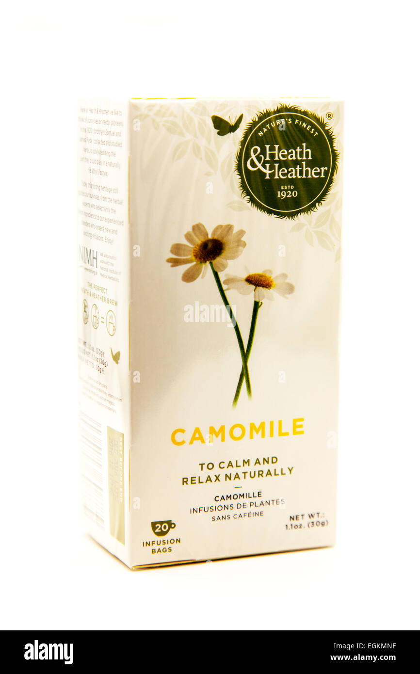 Camomile tea bags calming Chamomile heath & Heather product logo cutout cut out white background copy space isolated Stock Photo