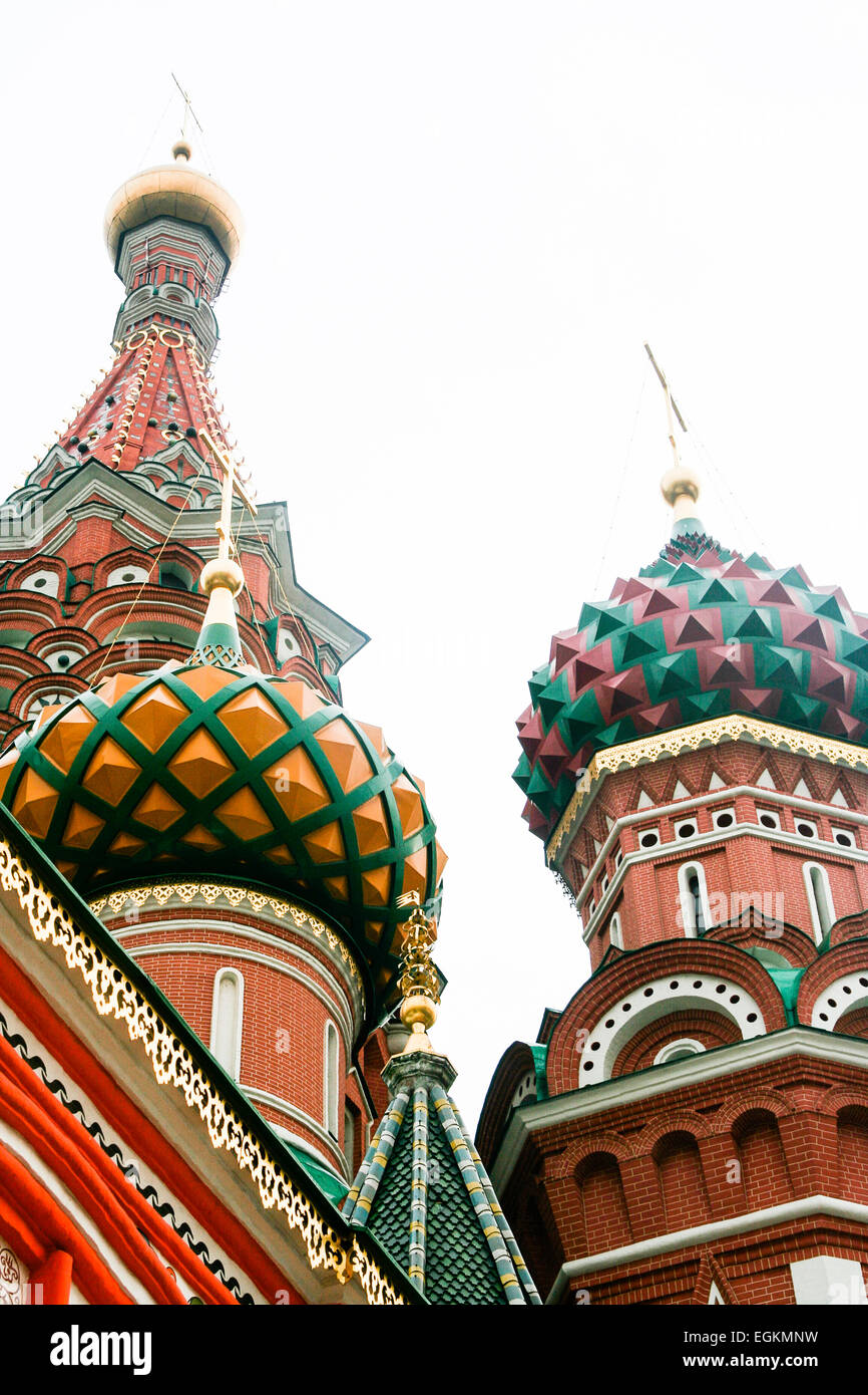 MOSCOW, RUSSIA Close up view of the minarets of St Basil's Cathedral in Red Square. Stock Photo