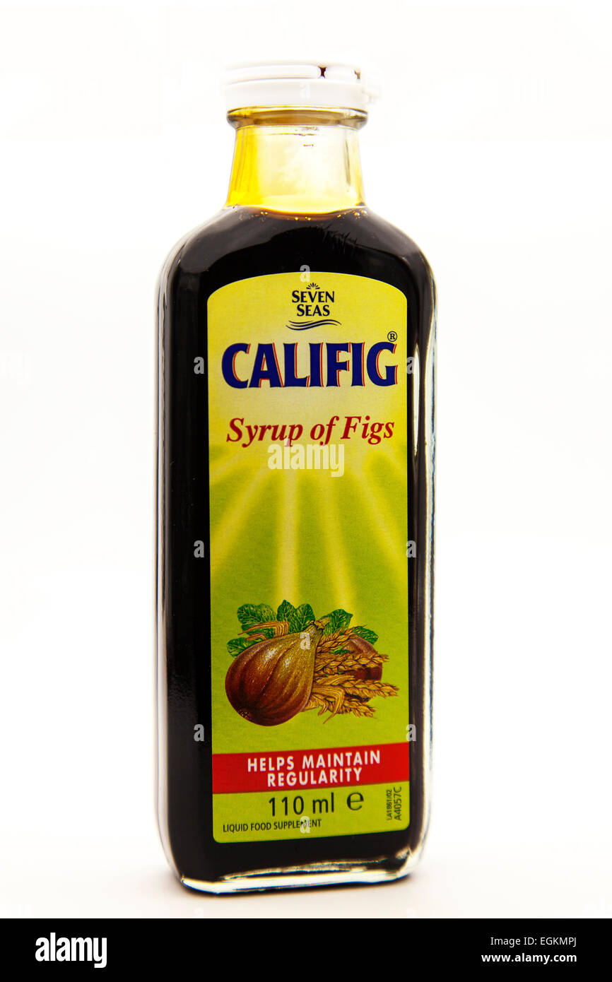 Syrup of figs Califig bottle regular regularity toilet help bowel movements  cutout cut out white background copy space isolated Stock Photo - Alamy