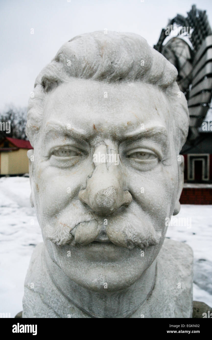 MOSCOW, RUSSIA A decommissioned bust of Josef Stalin sits in the Fallen Monument Park. Stock Photo