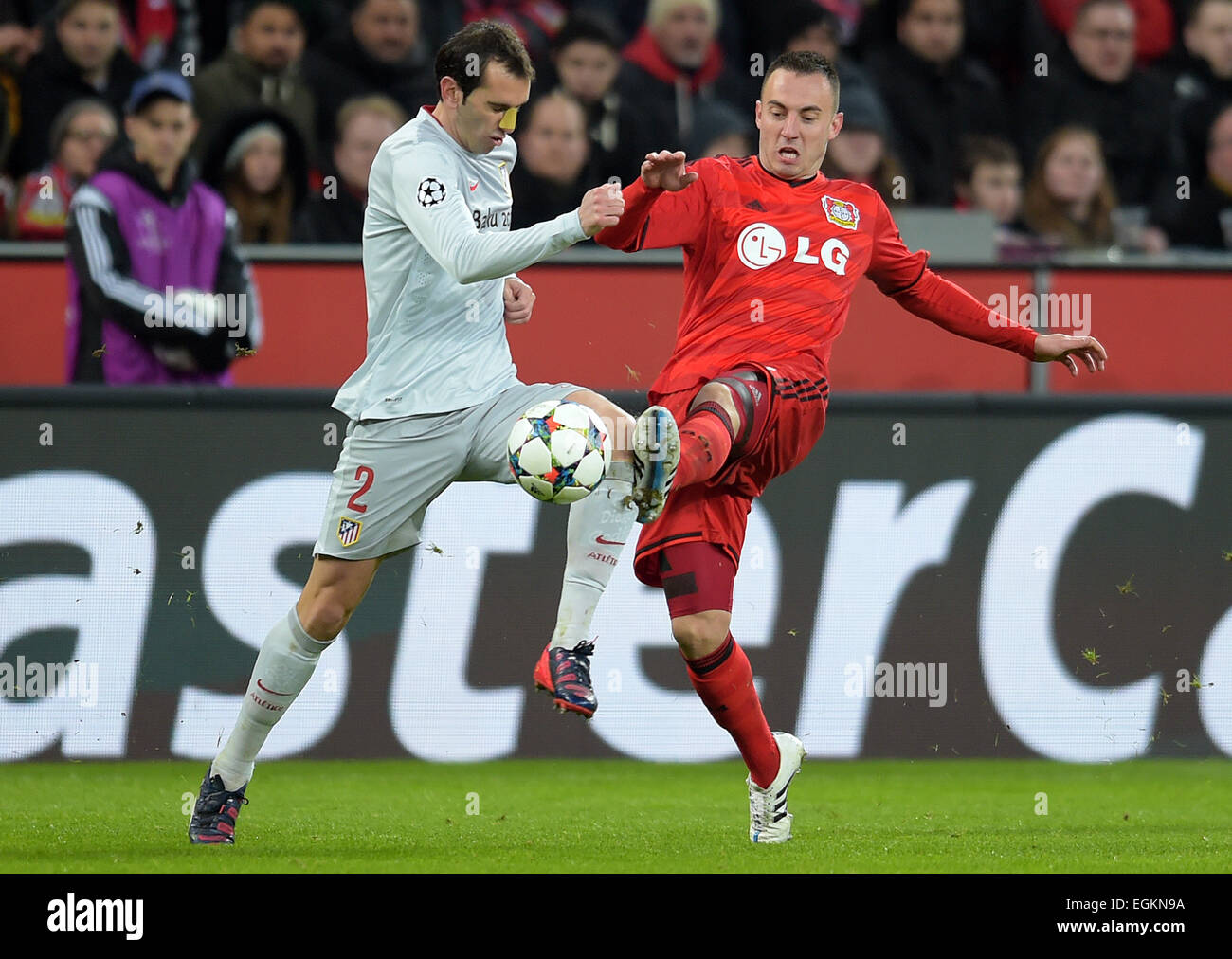 Leverkusen, Germany. 25th Feb, 2015. Leverkusen's Josip Drmic (l) and Madrid's Diego Godin in action during the UEFA Champions League round of 16 first leg match between Bayer Leverkusen and Atletico Madrid in Leverkusen, Germany, 25 February 2015. Credit:  dpa picture alliance/Alamy Live News Stock Photo