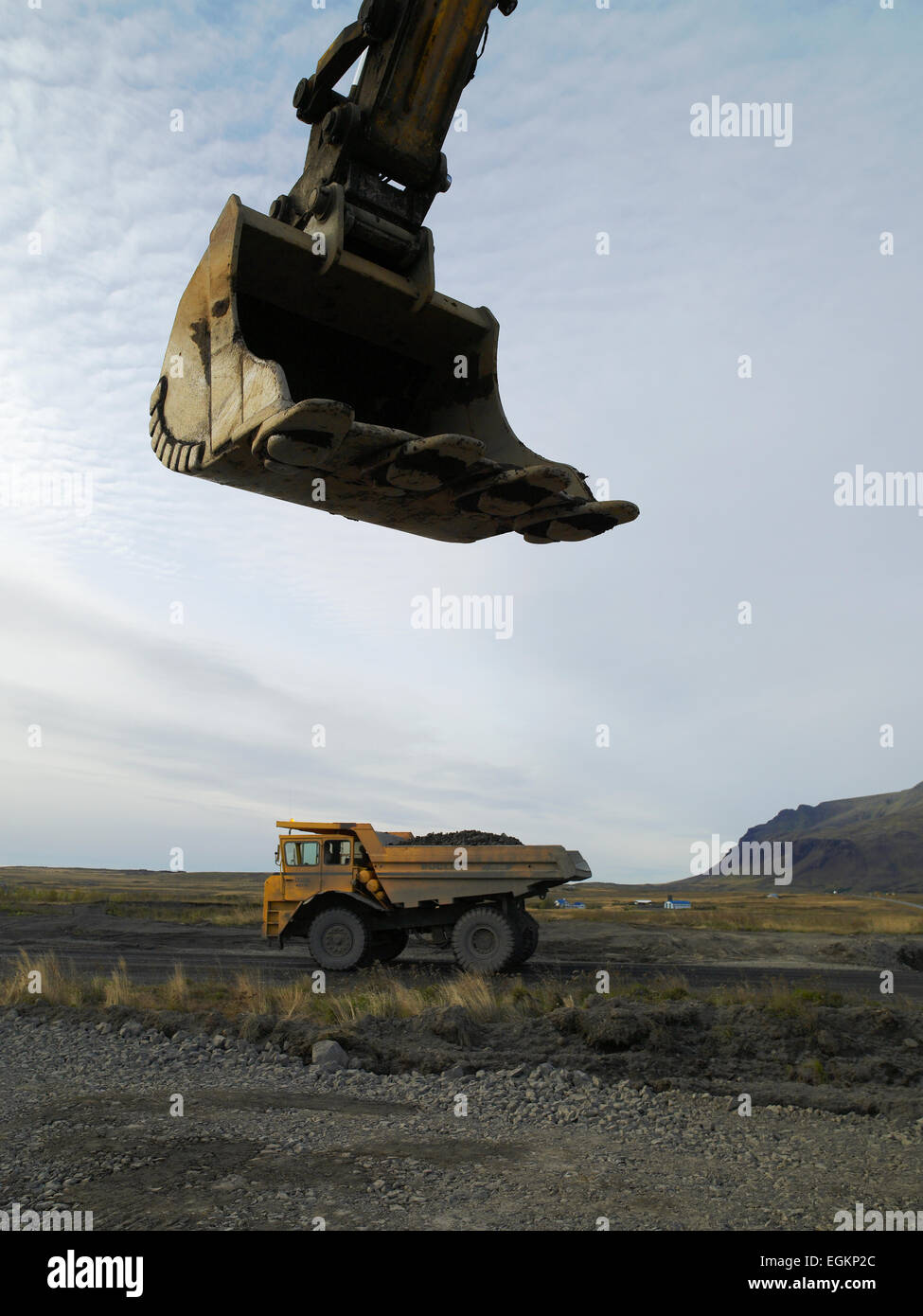 Close-up of shovel from a large truck, construction site, Iceland Stock Photo