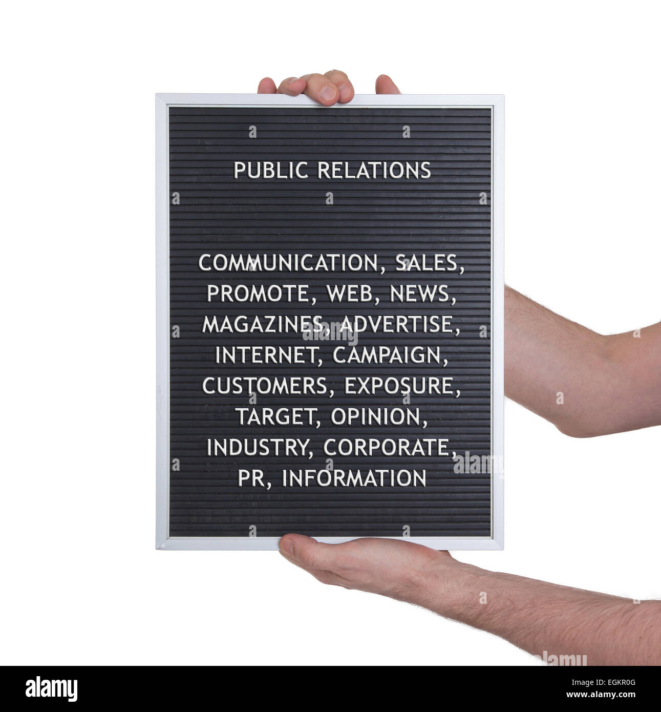 Public relations concept in plastic letters on very old menu board