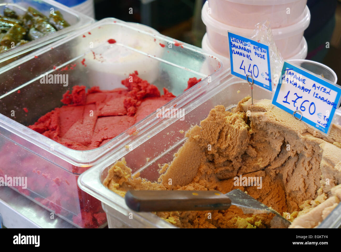 greece athens athinas street a shop selling taramasalata Stock Photo