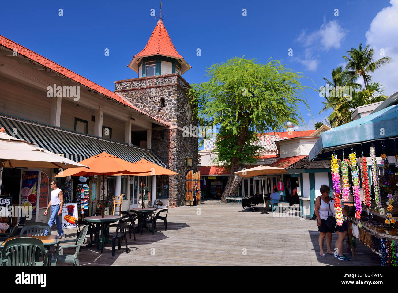 Shopping mall along ocean front of KailuaKona, Big Island, USA Stock