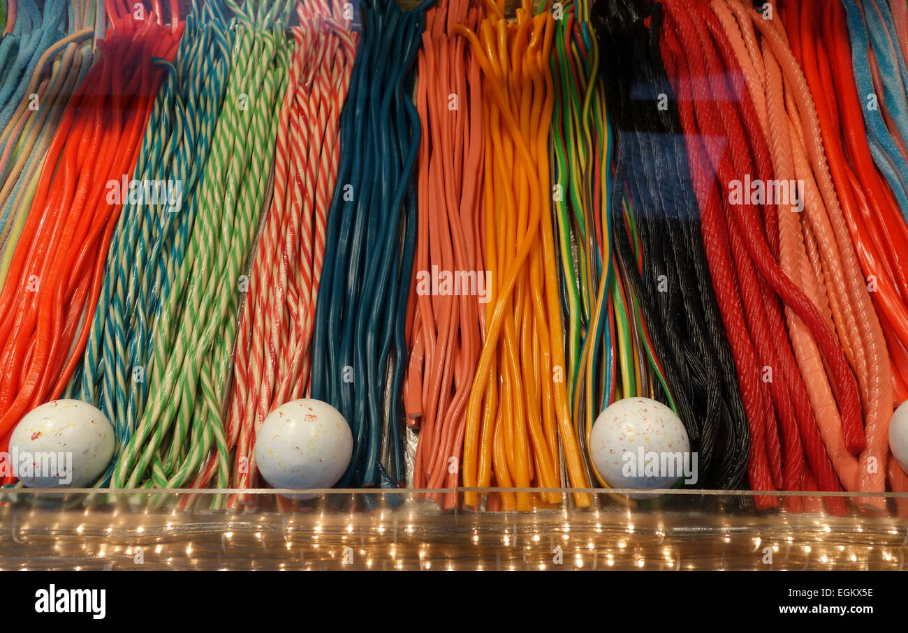 Giant licorice and sweets on display at La Fabrique de Belgique, Candy store, shop,  Madrid, Spain Stock Photo