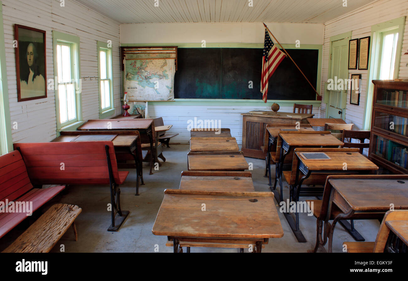 Interior of pioneer era one room school house in Oklahoma Stock Photo
