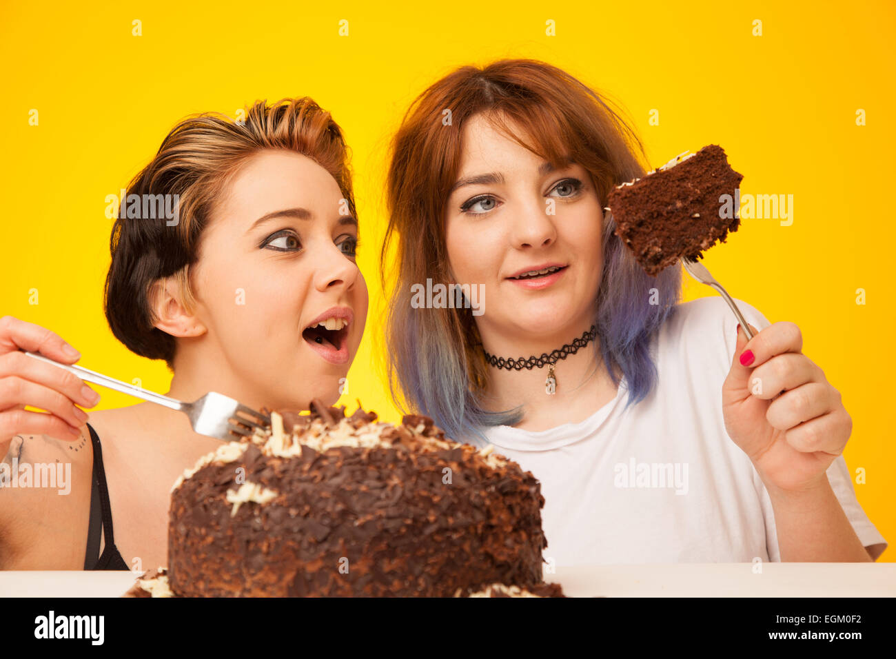 Two young woman about to eat a large chocolate cake. Stock Photo