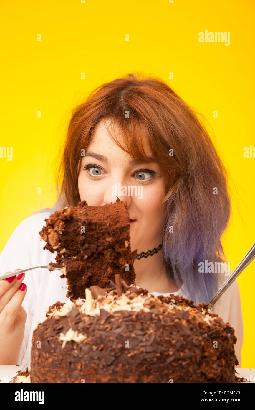 Young woman with large chocolate cake. Stock Photo